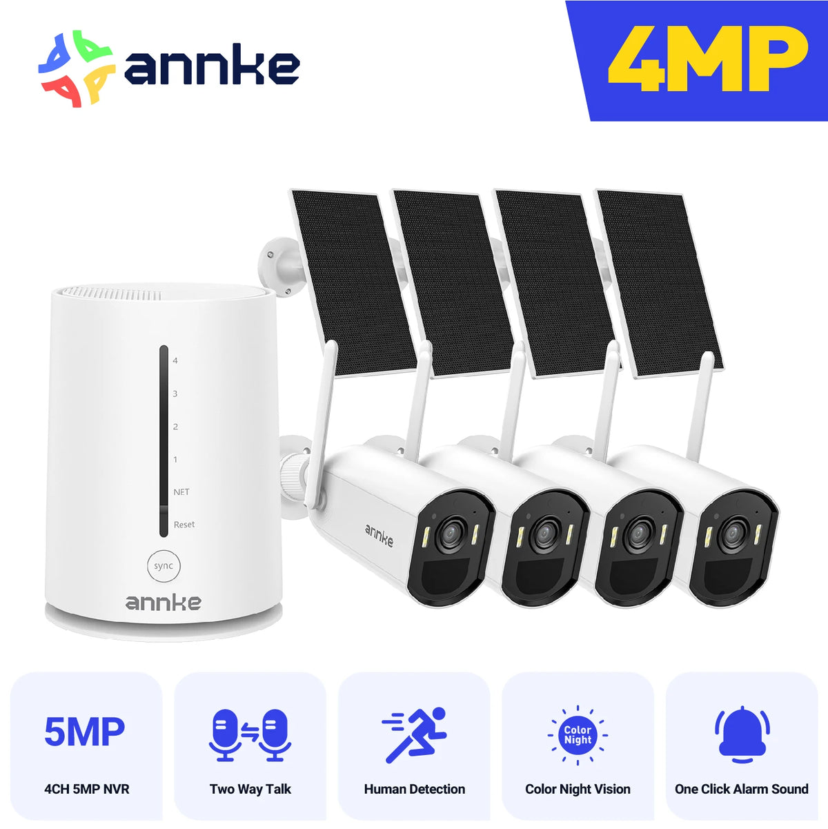 ANNKE 4MP Wireless Security Camera Solar Powered Outdoor IP65 4CH NVR 4mm color night vision ,Two-Way Audio ,WiFi6 Dual-Band ,security cameras wireless outdoor,Alexa
