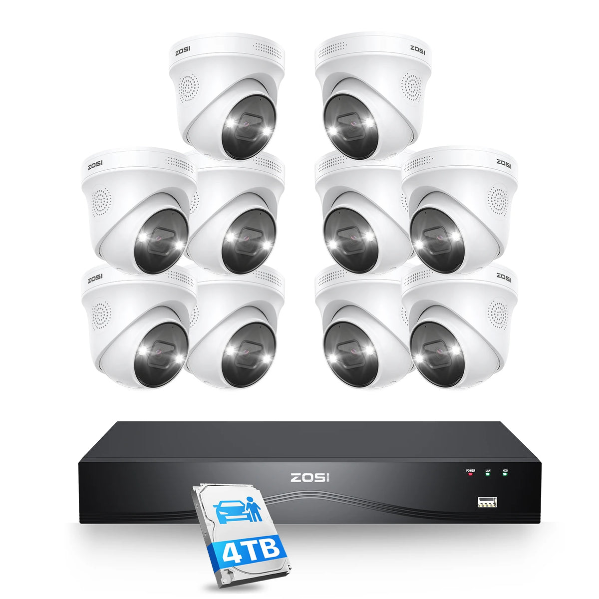 ZOSI 4K 8MP PoE Security Camera System 16 Port 32CH Dual-Disk NVR 4TB AI Detection Audio CCTV Surveillance for Home Business