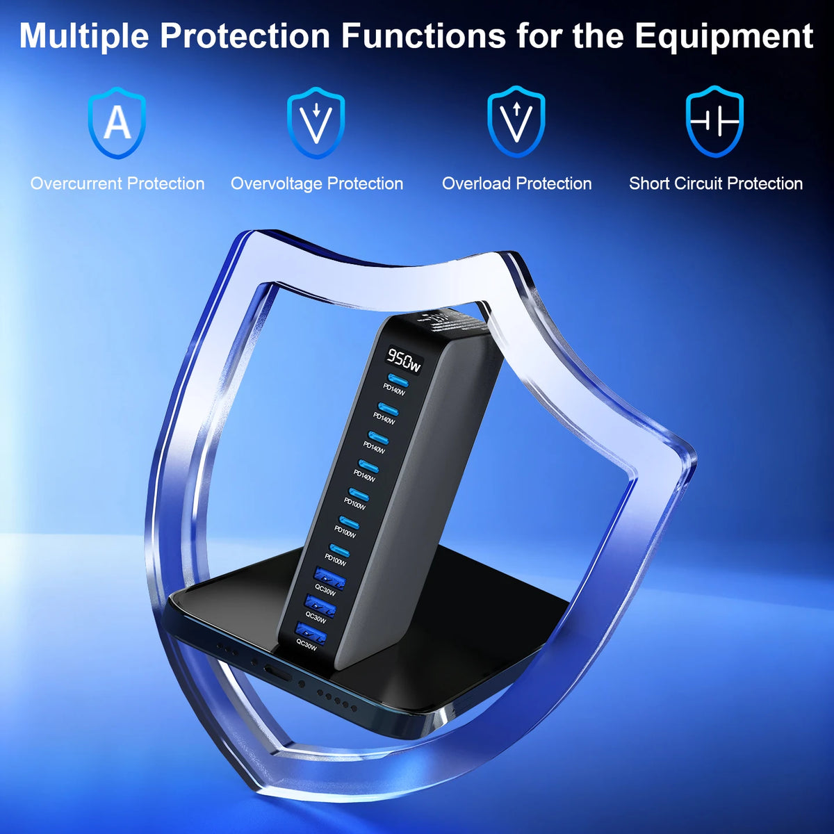 950W USB C GaN Charger 100W PD3.0 PPS QC3.0 Multiport Fast Charging Station For Laptop iPhone Samsung Macbook Pro Tablet