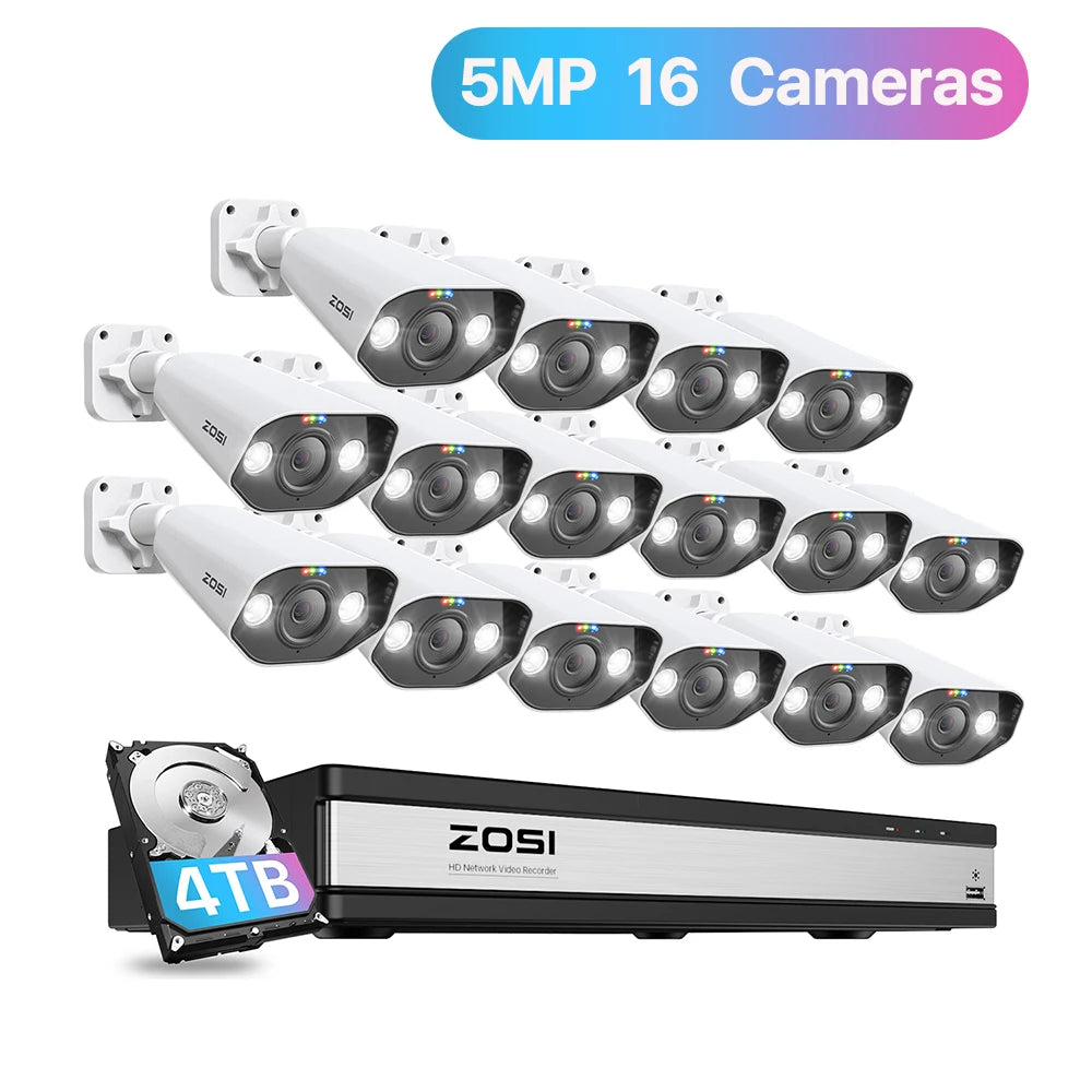 ZOSI 16CH PoE Home Security Camera System H.265+ 4K NVR with 5MP HD Outdoor IP Camera Color Night Vision Video Surveillance Kit