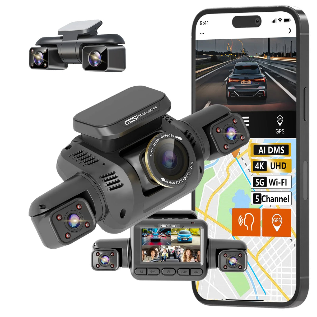 HUPEJOS 360° V8 Ultra-5CH 4K Dash Cam With AI Driver Monitor System DMS Built-in GPS WiFi Night Vision,24/7 Parking Monitor Mode