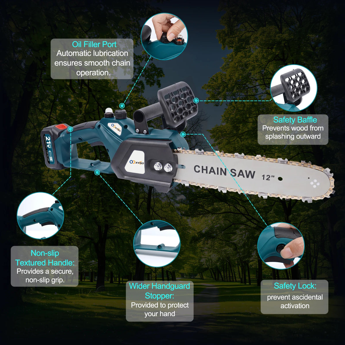 XYSD 12"Brushless Electric Chainsaw Cordless,21V Battery Powered with 2x4.0Ah Batteries&2 Chains,for Tree Trimming&Wood Cutting