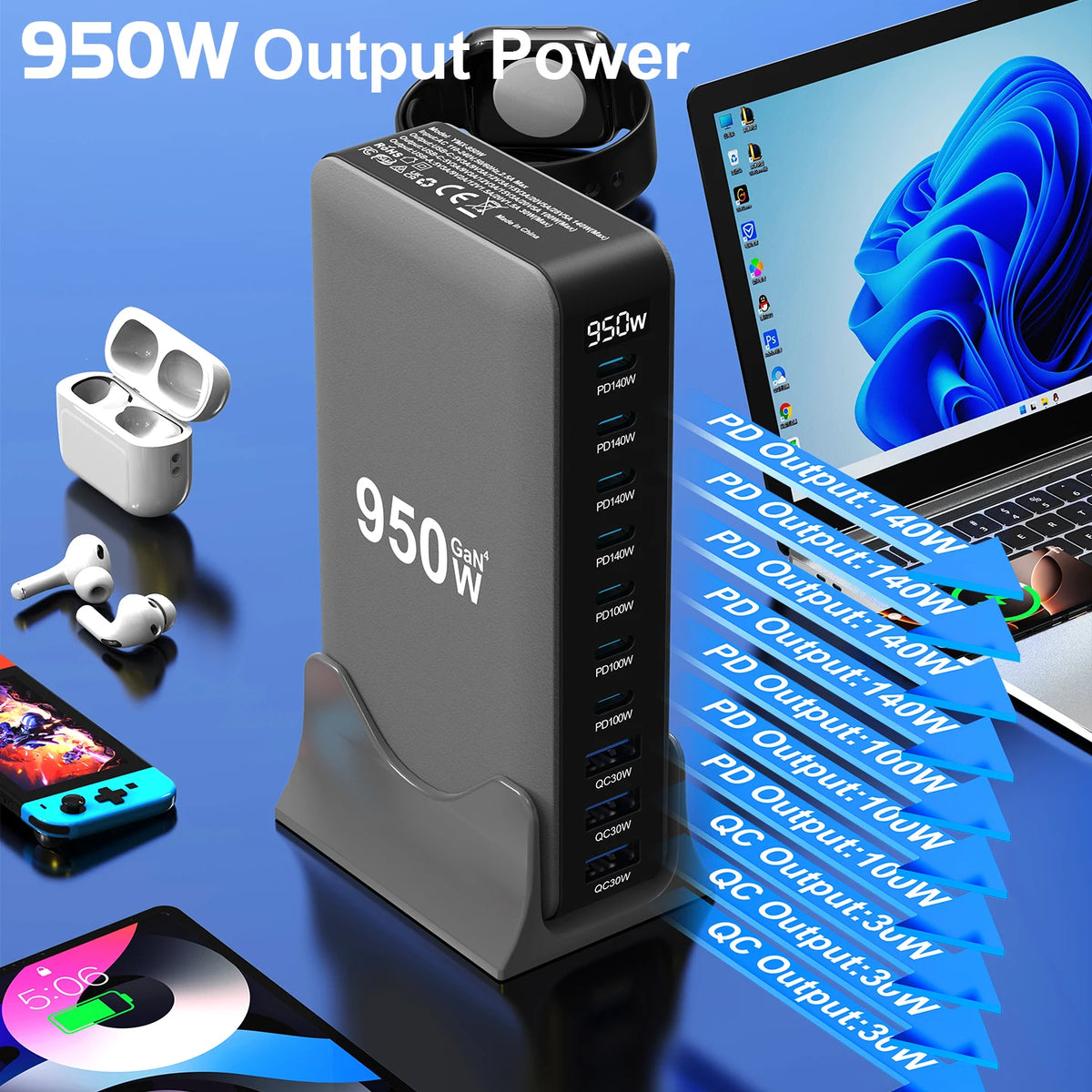 950W USB C GaN Charger 100W PD3.0 PPS QC3.0 Multiport Fast Charging Station For Laptop iPhone Samsung Macbook Pro Tablet