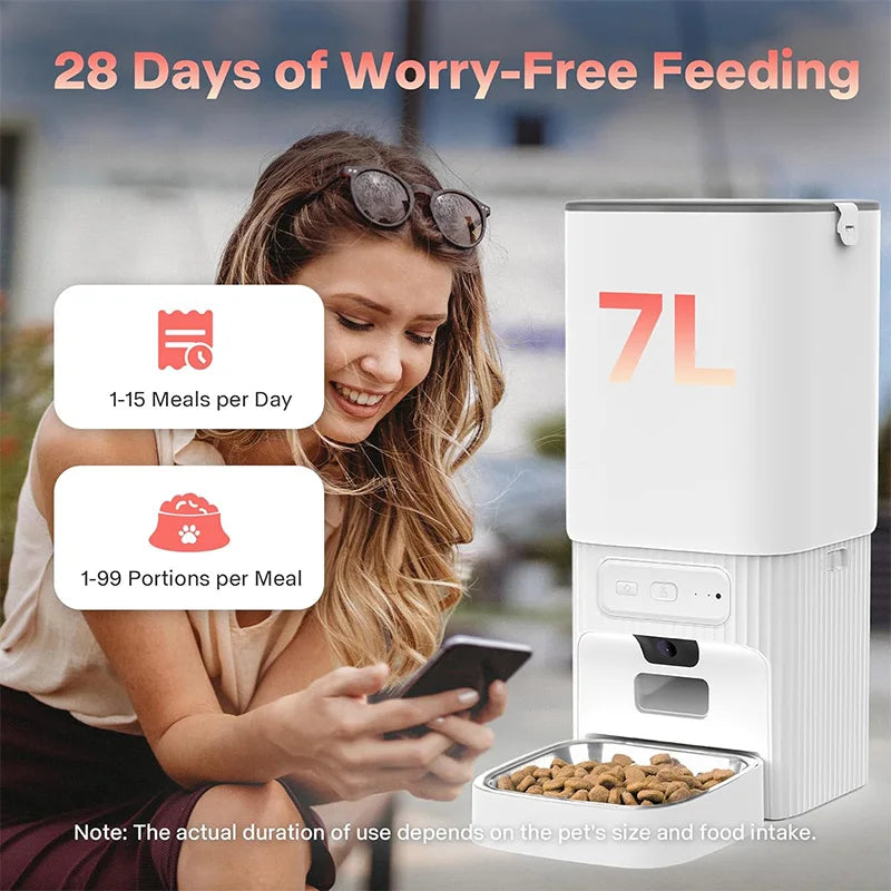 7L Smart Automatic Pet Feeder with HD Camera Double Bowls WiFi Intelligent Cat Dog Food Dispenser with Tuya App Control Remote Monitoring Two-Way Audio Voice Recorder Timer Auto Feeding for Multi Pets