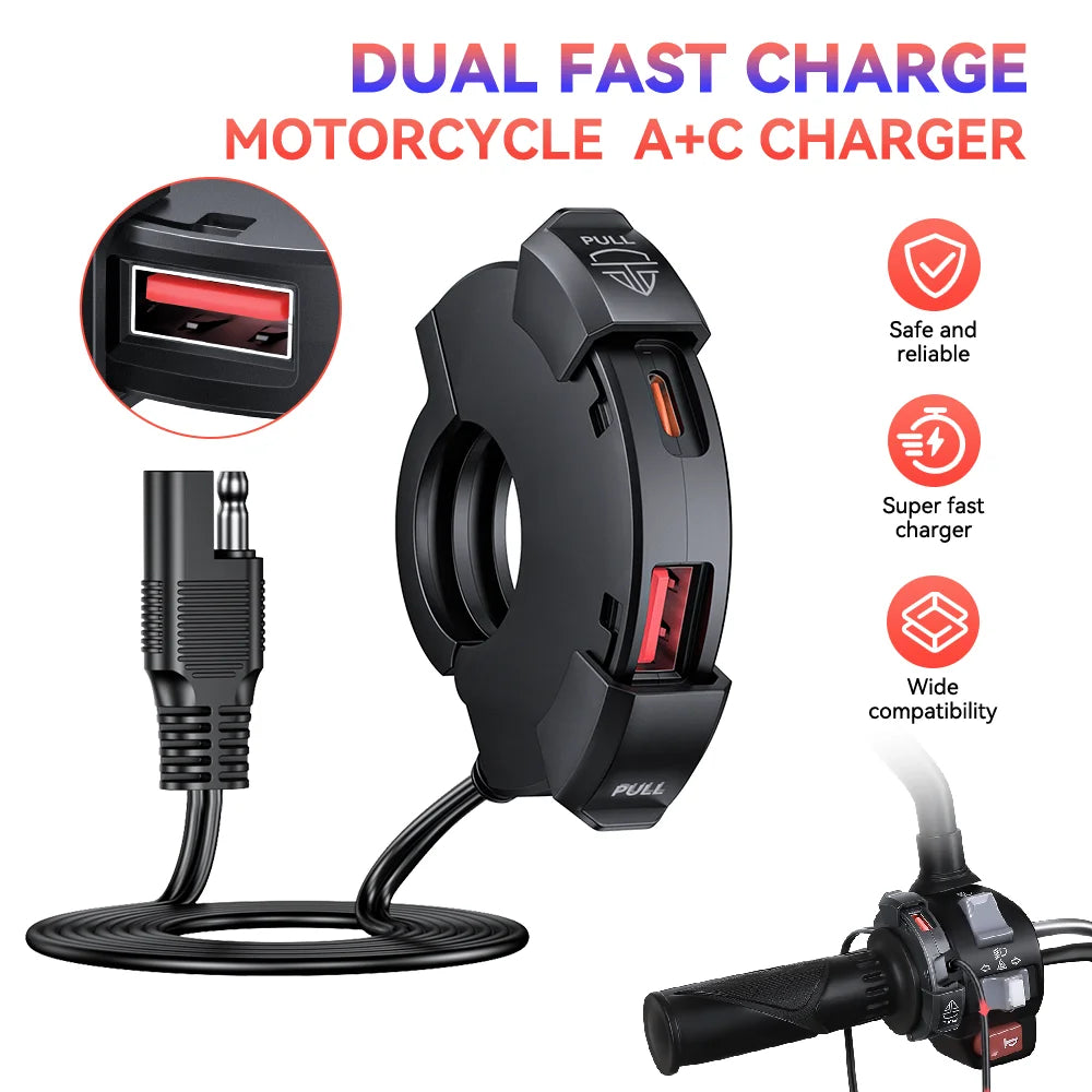 Motorcycle QC3.0 USB Charger Handlebar Fast Charging 12/24V Waterproof Handlebar Mounting Bracket Phone Chargers For Moto Bike