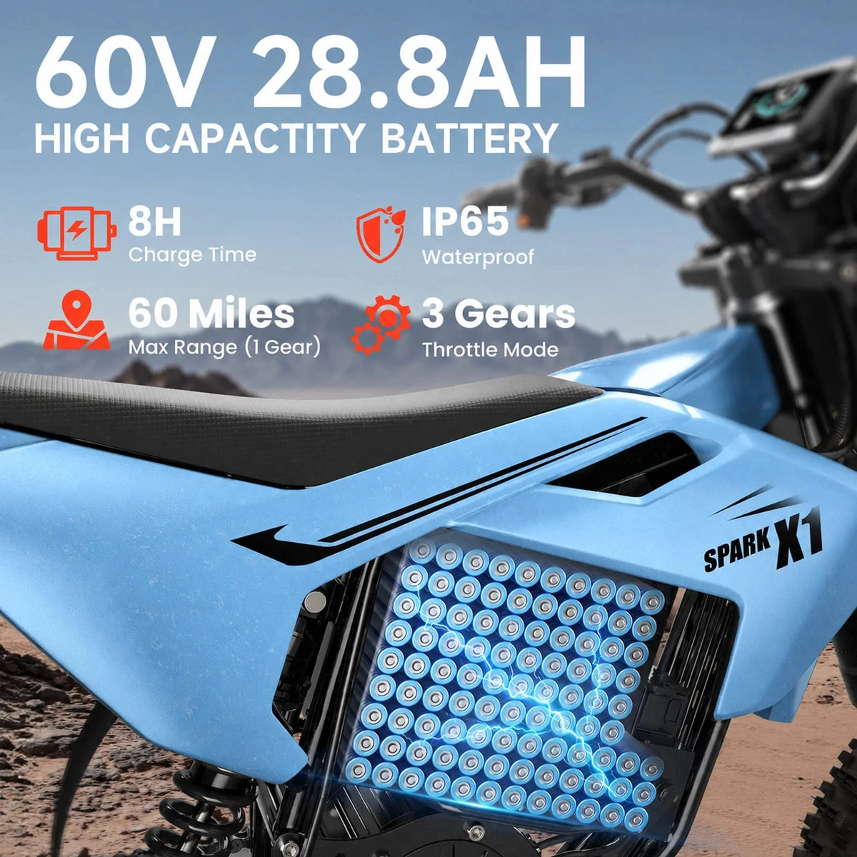 QRONGE X1 Spark Electric Dirt Bike, 60V 28.8Ah Battery, 4500W Peak Motor, 50MPH, 60 Mile Range, 3 Speed Modes, Full Suspension Off-Road E-Bike & Electric Motorcycle for Adults & Teens 13+, 1 Year Warranty