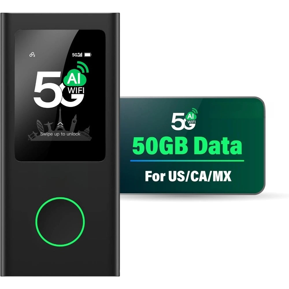 Portable 5G WiFi Hotspot 50GB Data 90 Days US Canada Mexico Travel No SIM Card Touch Screen Supports 16 Devices