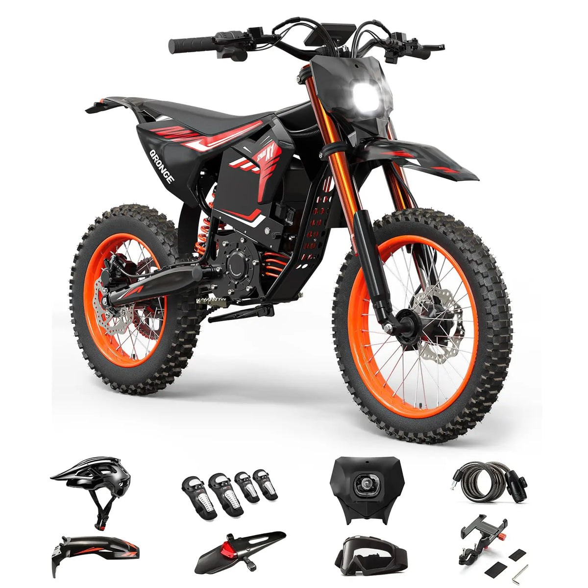QRONGE X1 Spark Electric Dirt Bike, Electric-Bike with 60V 28.8Ah Battery, 4500W Peak Mid-Drive Motor Electric Motorcycle, Full Suspension, 3 Speed Modes, Mountain Off-Road E-Bike for Adults & Teens 13+ (L)