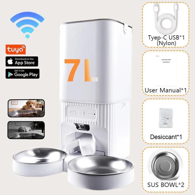 7L Smart Automatic Pet Feeder with HD Camera Double Bowls WiFi Intelligent Cat Dog Food Dispenser with Tuya App Control Remote Monitoring Two-Way Audio Voice Recorder Timer Auto Feeding for Multi Pets