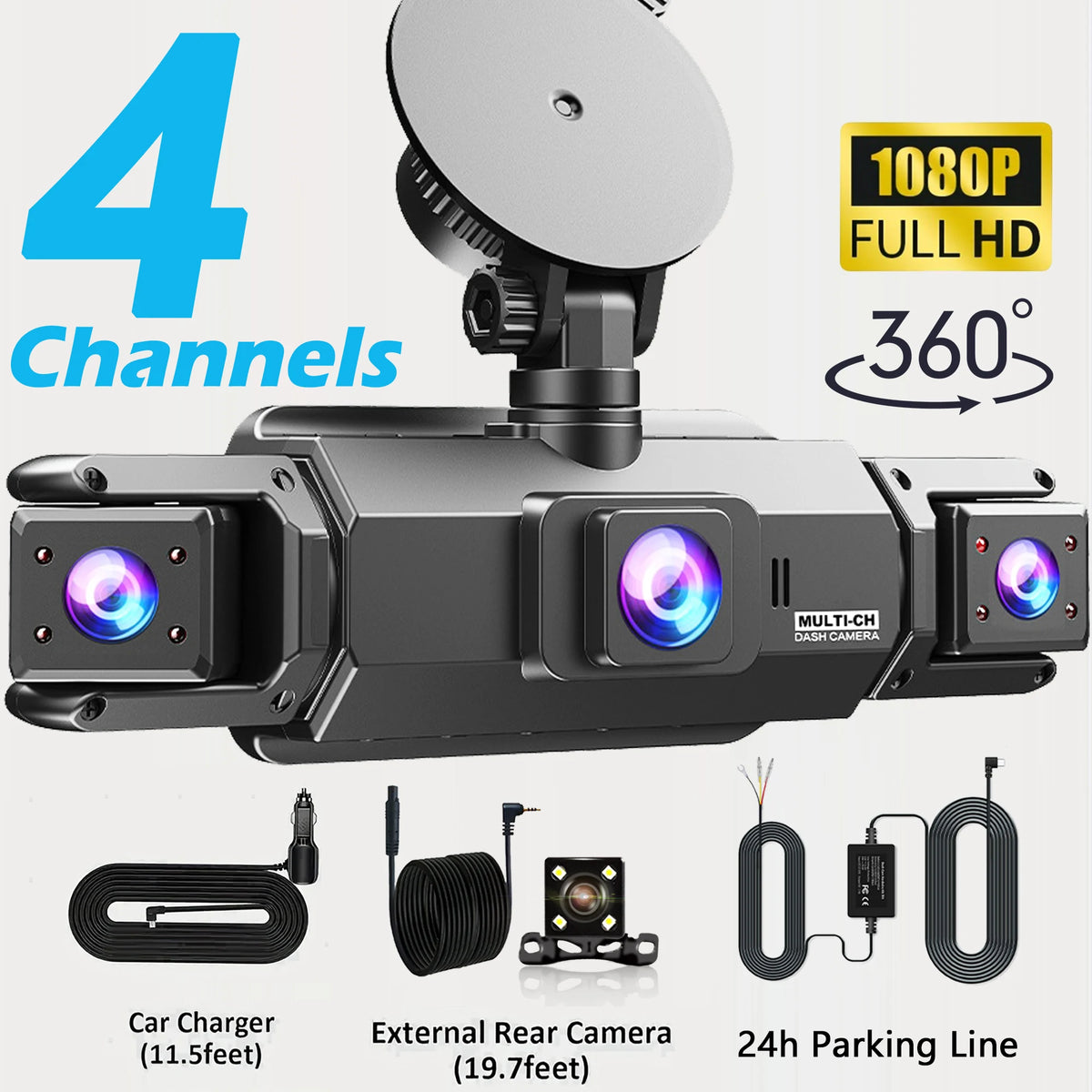 360° Car DVR Dash Cam 4 Lens Front Rear Left Right Inside IPS Screen Rotatable Lens Night Vision 24H Parking G-Sensor Black Box