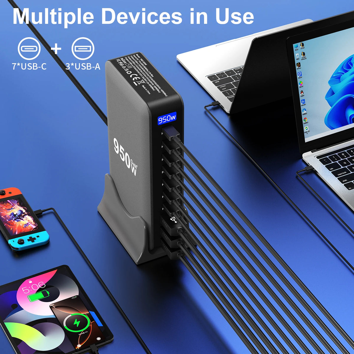 950W USB C GaN Charger 100W PD3.0 PPS QC3.0 Multiport Fast Charging Station For Laptop iPhone Samsung Macbook Pro Tablet
