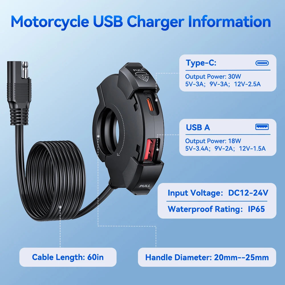 Motorcycle QC3.0 USB Charger Handlebar Fast Charging 12/24V Waterproof Handlebar Mounting Bracket Phone Chargers For Moto Bike
