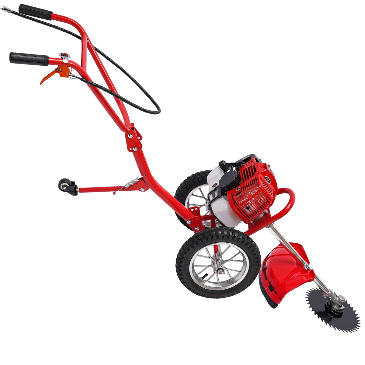 NEWEST Walk Behind Weed Wacker, 2 Stroke 49 CC Gasoline Weed Eater, 6500-7000R/Min Hand Push String Trimmer with 0.95L Fuel Tank, Foldable Rear Wheel for Mountains, Hills, Plains, Orchards Etc