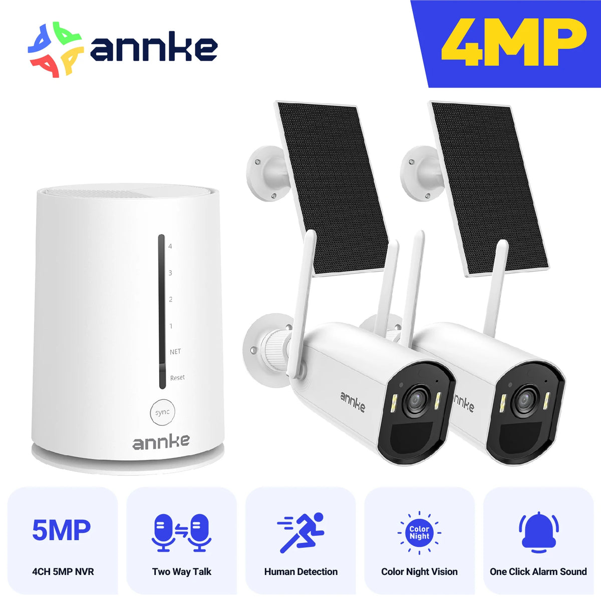 ANNKE 4MP Wireless Security Camera Solar Powered Outdoor IP65 4CH NVR 4mm color night vision ,Two-Way Audio ,WiFi6 Dual-Band ,security cameras wireless outdoor,Alexa