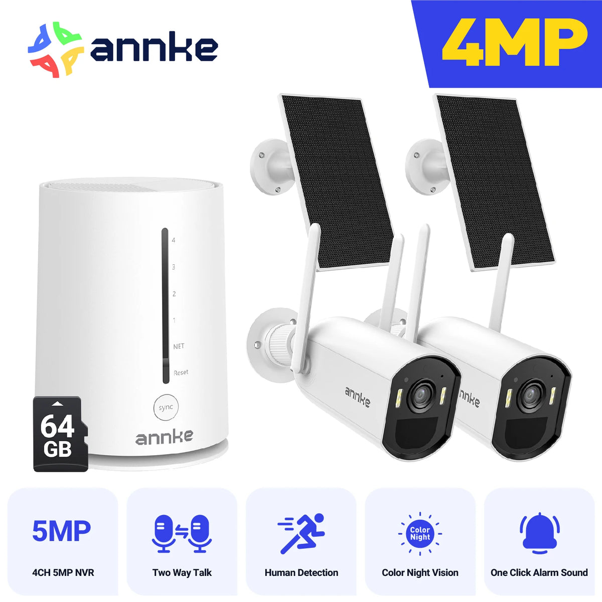 ANNKE 4MP Wireless Security Camera Solar Powered Outdoor IP65 4CH NVR 4mm color night vision ,Two-Way Audio ,WiFi6 Dual-Band ,security cameras wireless outdoor,Alexa