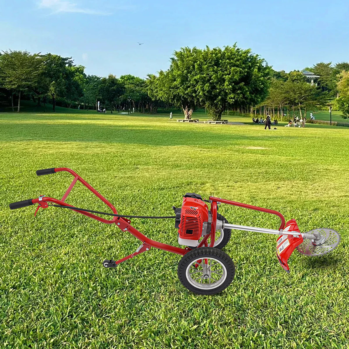 NEWEST Walk Behind Weed Wacker, 2 Stroke 49 CC Gasoline Weed Eater, 6500-7000R/Min Hand Push String Trimmer with 0.95L Fuel Tank, Foldable Rear Wheel for Mountains, Hills, Plains, Orchards Etc