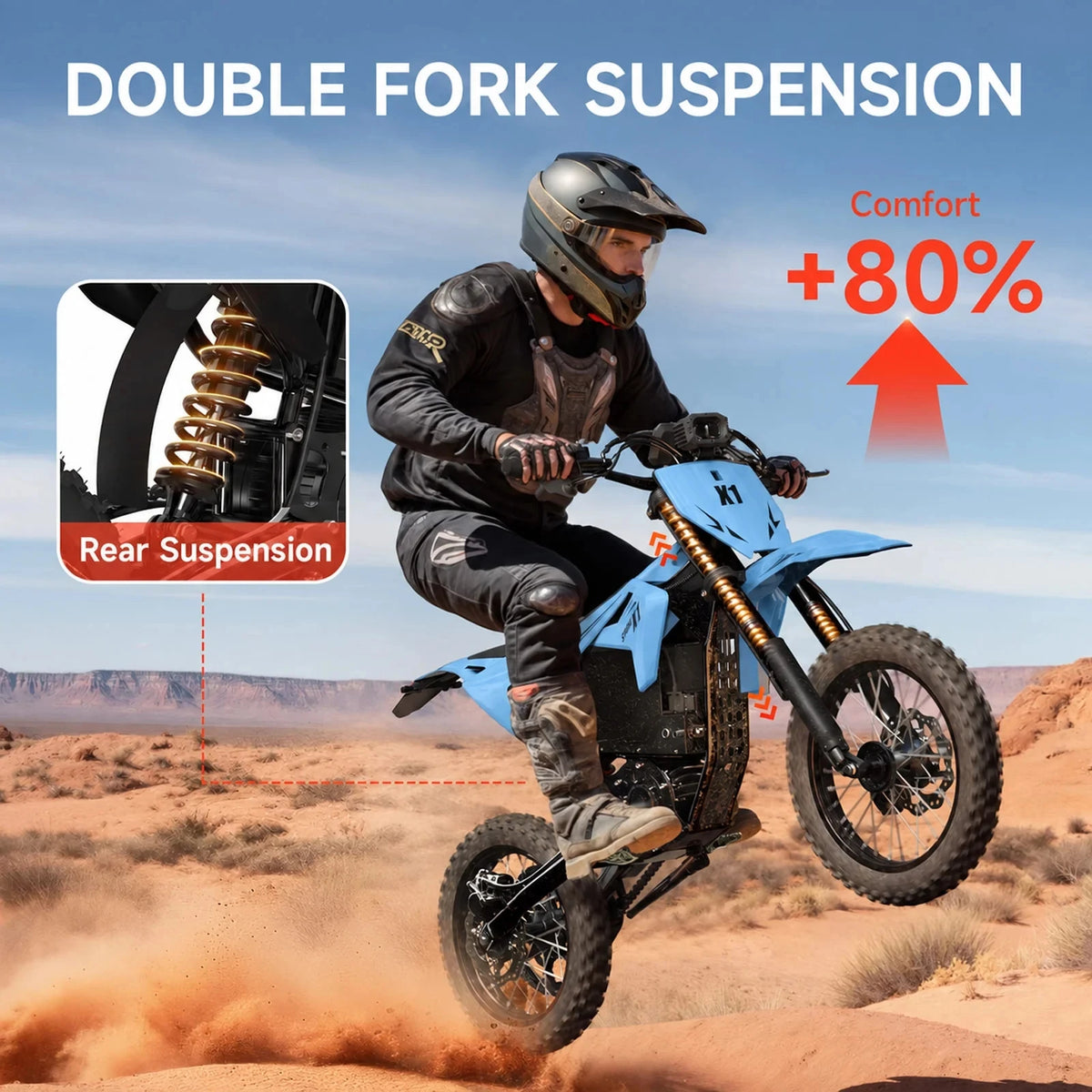 QRONGE X1 Spark Electric Dirt Bike, 60V 28.8Ah Battery, 4500W Peak Motor, 50MPH, 60 Mile Range, 3 Speed Modes, Full Suspension Off-Road E-Bike & Electric Motorcycle for Adults & Teens 13+, 1 Year Warranty