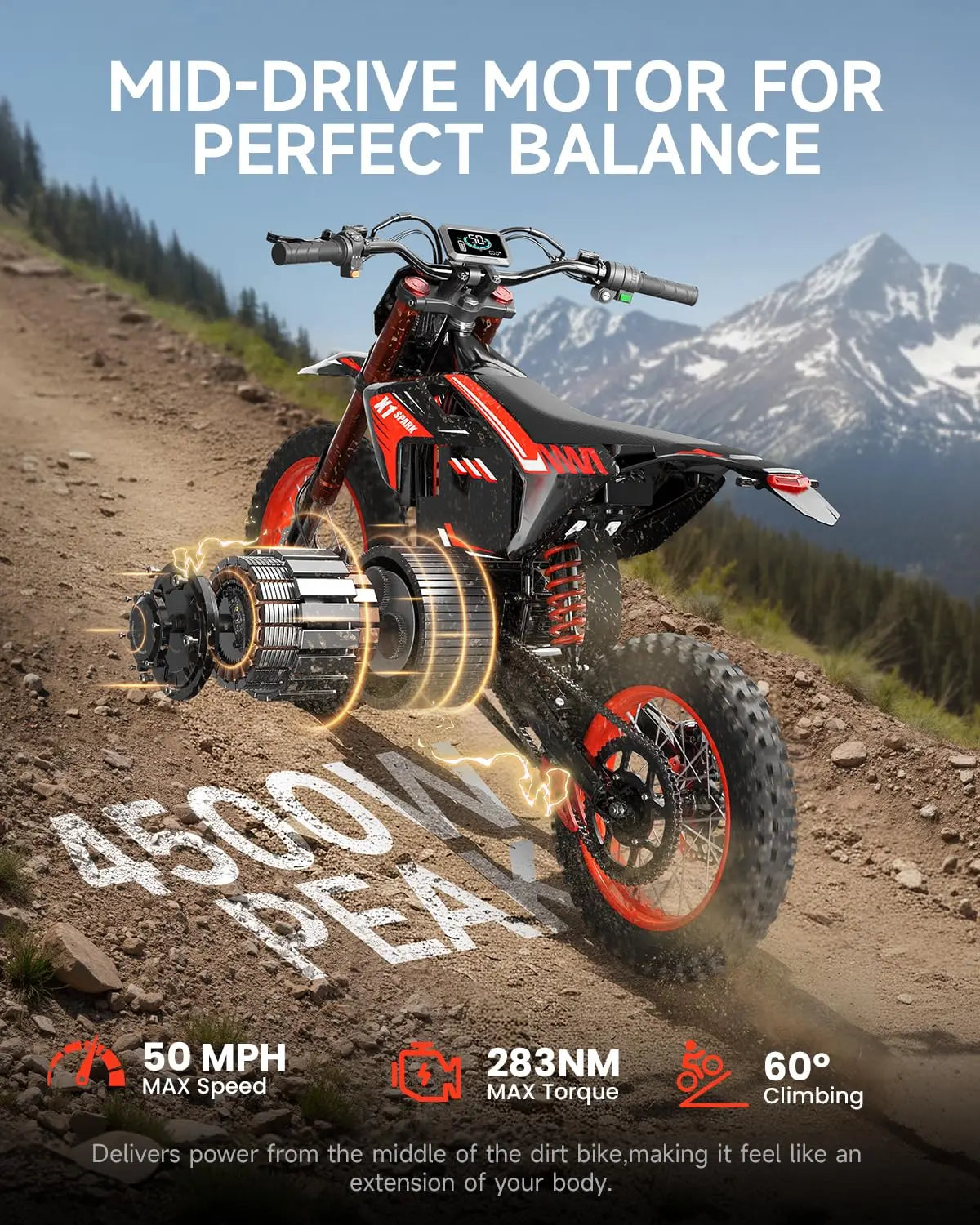 QRONGE X1 Spark Electric Dirt Bike, Electric-Bike with 60V 28.8Ah Battery, 4500W Peak Mid-Drive Motor Electric Motorcycle, Full Suspension, 3 Speed Modes, Mountain Off-Road E-Bike for Adults & Teens 13+ (L)