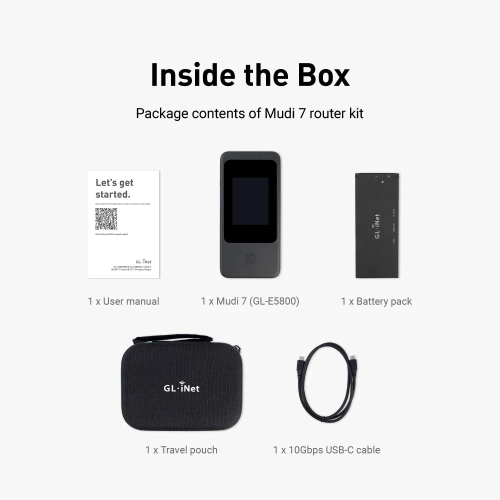 GL.iNet MUDI 7 GL-E5800 Wi-Fi 7 5G NR Travel Router Portable Mobile Hotspot Tri-Band with eSIM & Dual SIM Slot, 2.8" Touchscreen, Up to 5.76 Gbps, 2.5G Ethernet, 700Mbps VPN Secure, 13.5h Battery, for 4K Livestream
