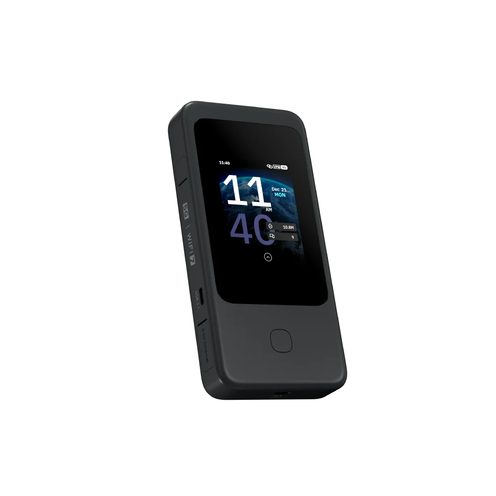 GL.iNet MUDI 7 GL-E5800 Wi-Fi 7 5G NR Travel Router Portable Mobile Hotspot Tri-Band with eSIM & Dual SIM Slot, 2.8" Touchscreen, Up to 5.76 Gbps, 2.5G Ethernet, 700Mbps VPN Secure, 13.5h Battery, for 4K Livestream