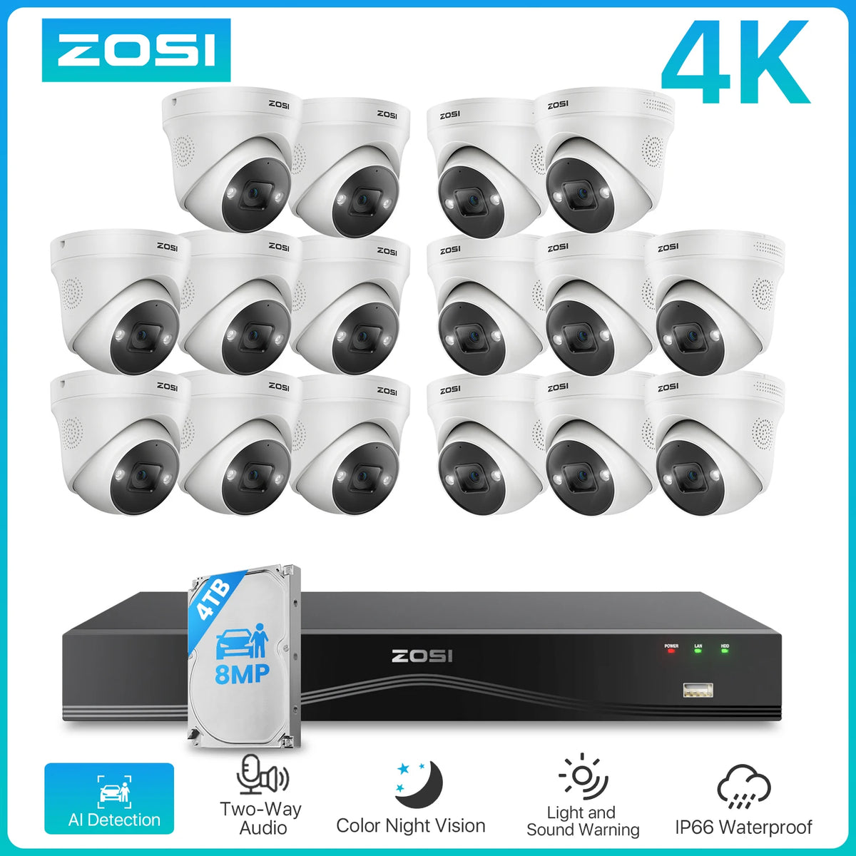 ZOSI 4K 8MP PoE Security Camera System 16 Port 32CH Dual-Disk NVR 4TB AI Detection Audio CCTV Surveillance for Home Business