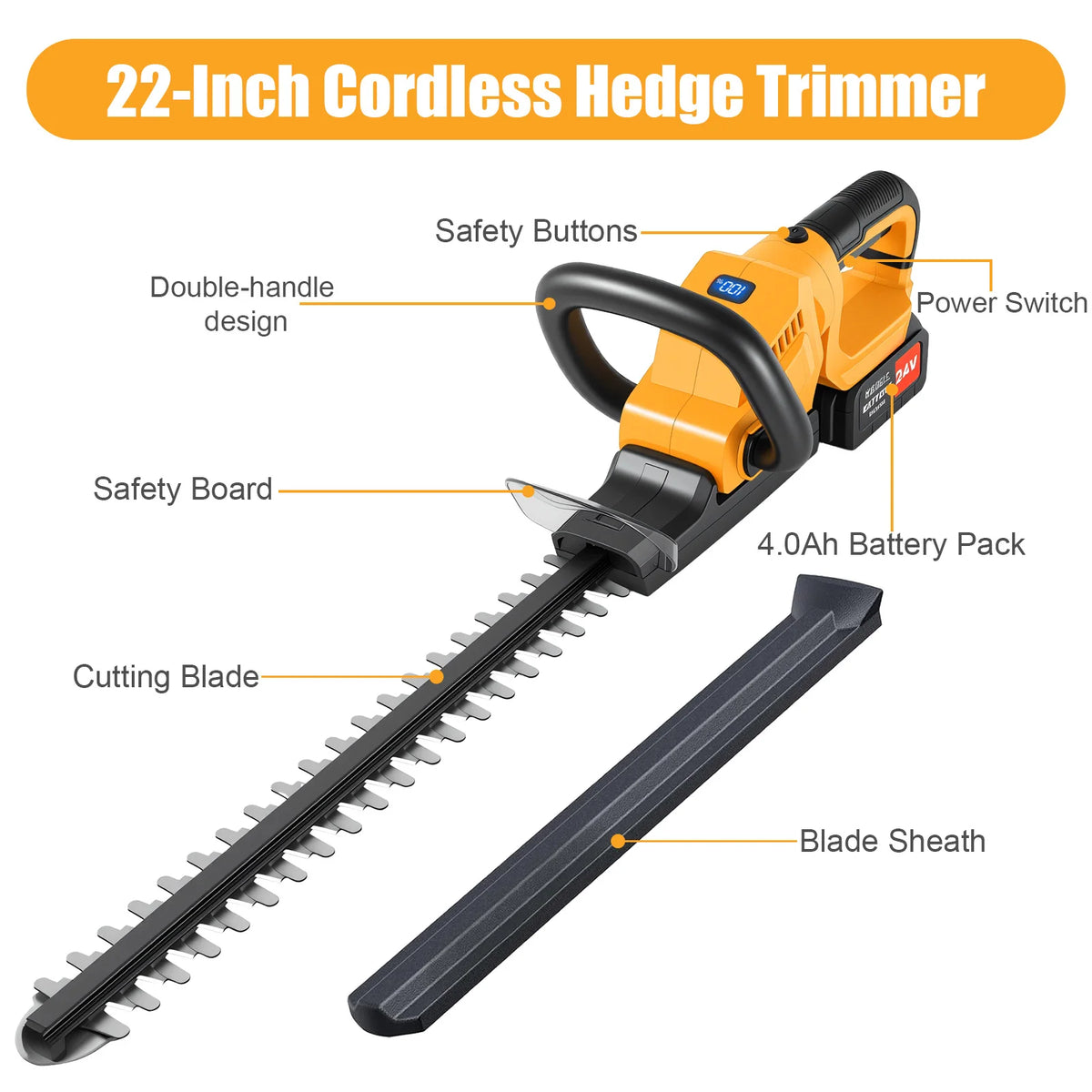 22-Inch Cordless Hedge Trimmer Lawn Mower –24000r/min Portable Hedge Cutter with 4000mAh Batteries for Lawn Garden Yard Tools