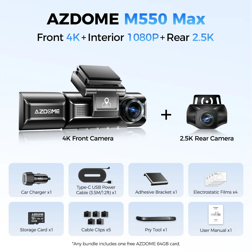 AZDOME 4K Dash Cam M550 Max Built-in GPS Wifi Camera Car DVR 3.18”Screen Night Vision 24H Parking Monitor Support Rear Cam