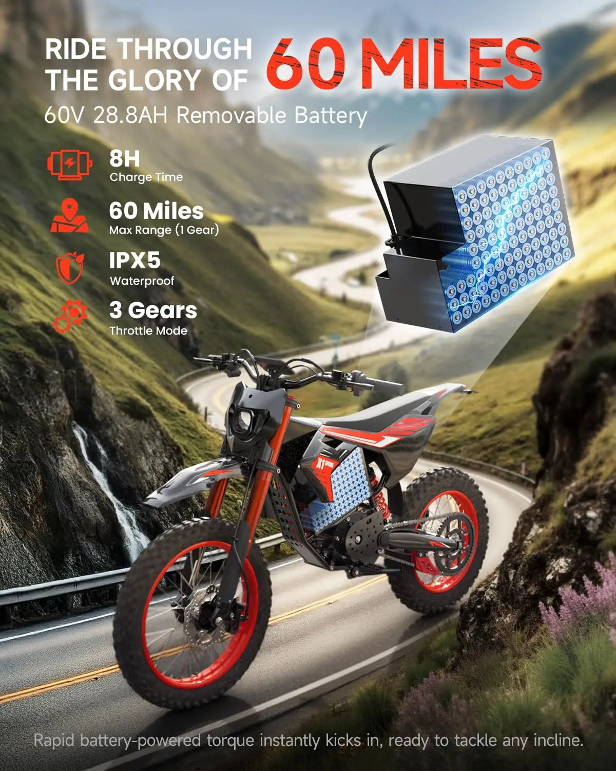 QRONGE X1 Spark Electric Dirt Bike, Electric-Bike with 60V 28.8Ah Battery, 4500W Peak Mid-Drive Motor Electric Motorcycle, Full Suspension, 3 Speed Modes, Mountain Off-Road E-Bike for Adults & Teens 13+ (L)