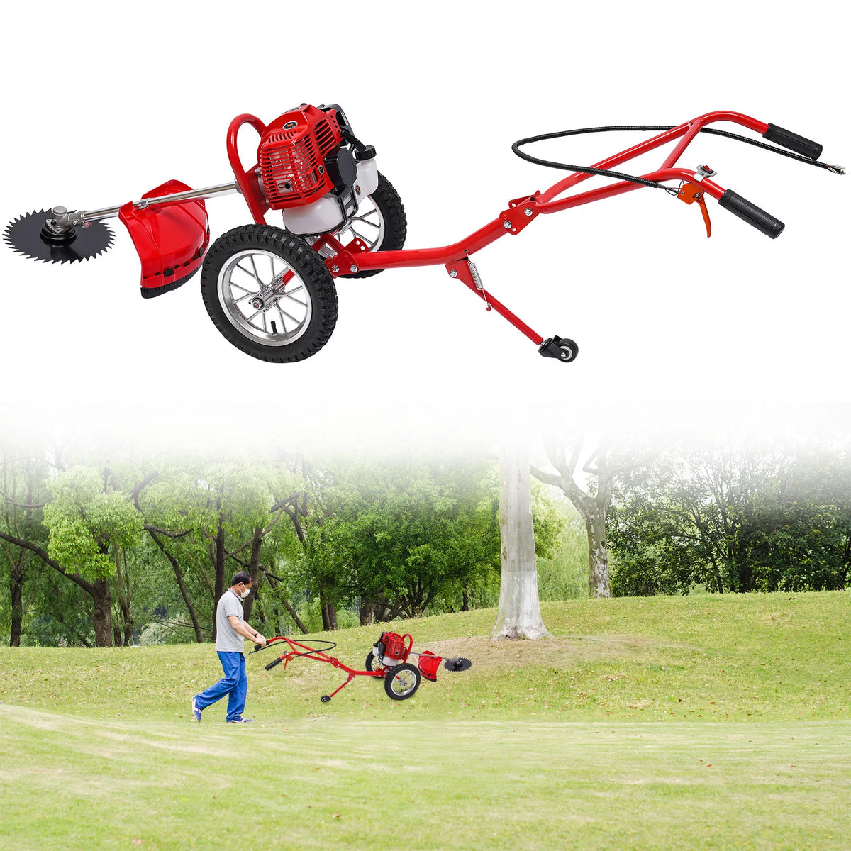 NEWEST Walk Behind Weed Wacker, 2 Stroke 49 CC Gasoline Weed Eater, 6500-7000R/Min Hand Push String Trimmer with 0.95L Fuel Tank, Foldable Rear Wheel for Mountains, Hills, Plains, Orchards Etc