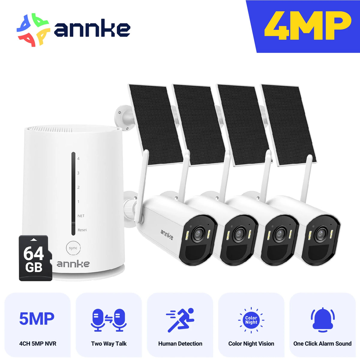 ANNKE 4MP Wireless Security Camera Solar Powered Outdoor IP65 4CH NVR 4mm color night vision ,Two-Way Audio ,WiFi6 Dual-Band ,security cameras wireless outdoor,Alexa