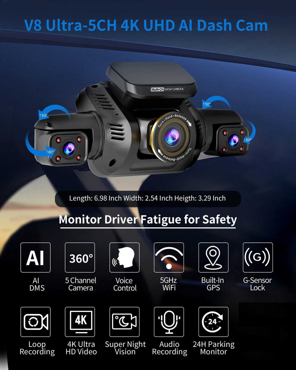HUPEJOS 360° V8 Ultra-5CH 4K Dash Cam With AI Driver Monitor System DMS Built-in GPS WiFi Night Vision,24/7 Parking Monitor Mode