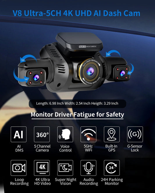 HUPEJOS 360° V8 Ultra-5CH 4K Dash Cam With AI Driver Monitor System DMS Built-in GPS WiFi Night Vision,24/7 Parking Monitor Mode