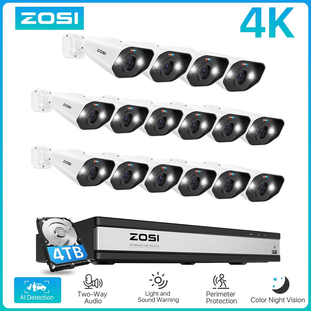 ZOSI 16CH PoE Home Security Camera System H.265+ 4K NVR with 5MP HD Outdoor IP Camera Color Night Vision Video Surveillance Kit
